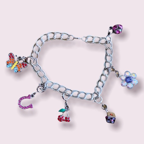 Rhinestone Interchangeable Bracelet w/ Butterfly, Horseshoe, Cherries, & Dice - Picture 1 of 9